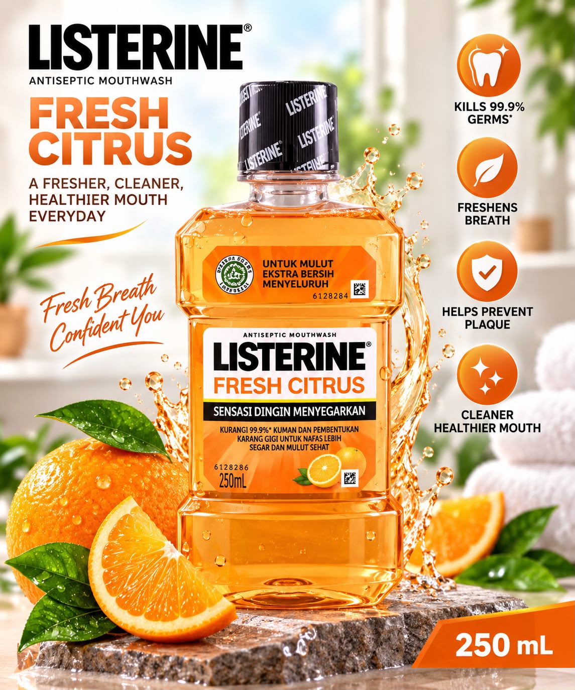 Listerine Fresh Citrus Mouthwash 250ml – Fresh Breath & Plaque Protection