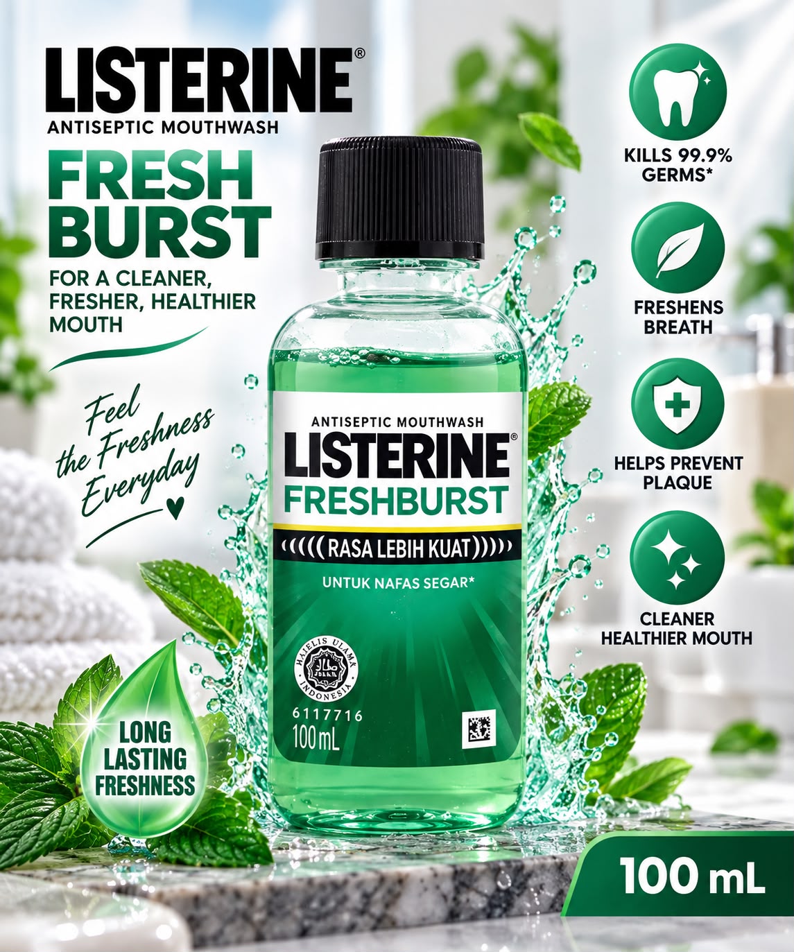Listerine Freshburst Mouthwash 100ml – Long Lasting Freshness & Plaque Protection