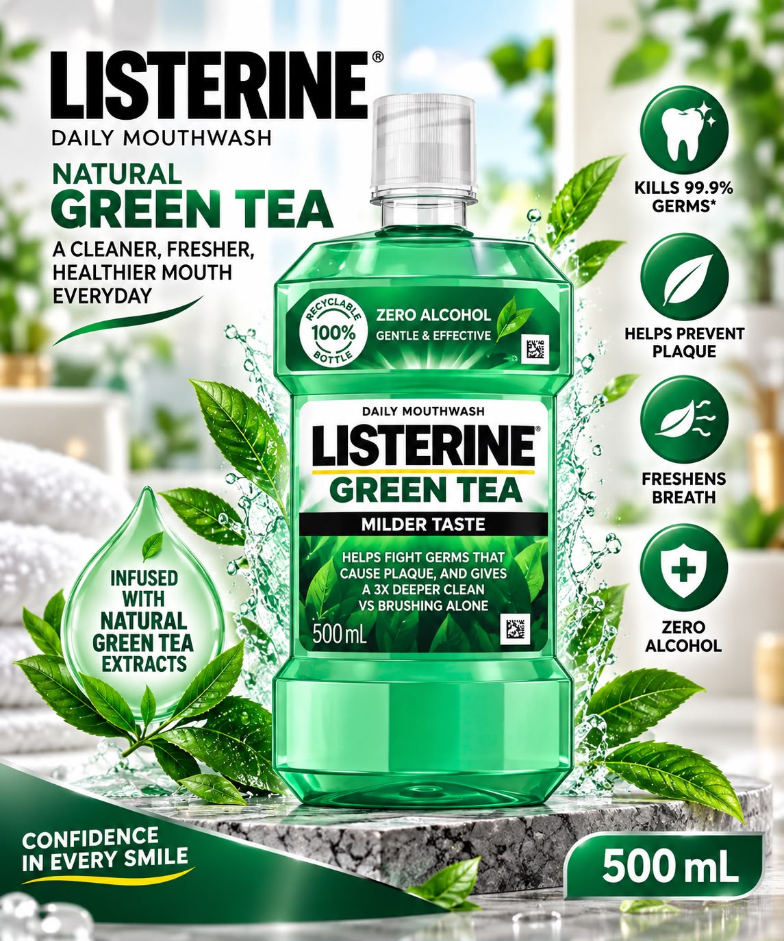 Listerine Green Tea Mouthwash 500ml – Zero Alcohol & Long-Lasting Freshness