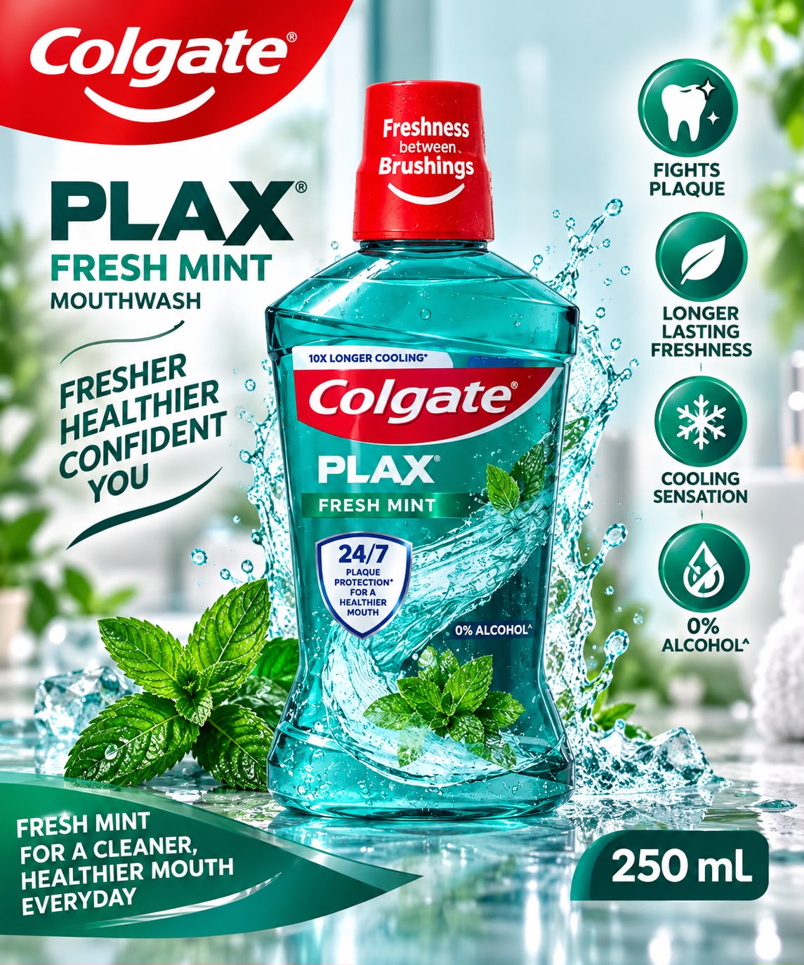Colgate Plax Fresh Mint Mouthwash 250ml – 24/7 Plaque Protection & Freshness