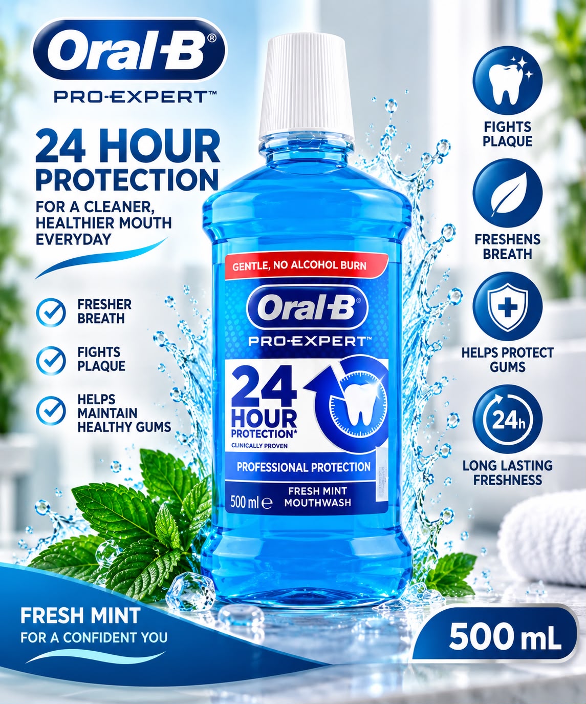 Oral-B Pro-Expert 24 Hour Protection Mouthwash 500ml – Fresh Mint